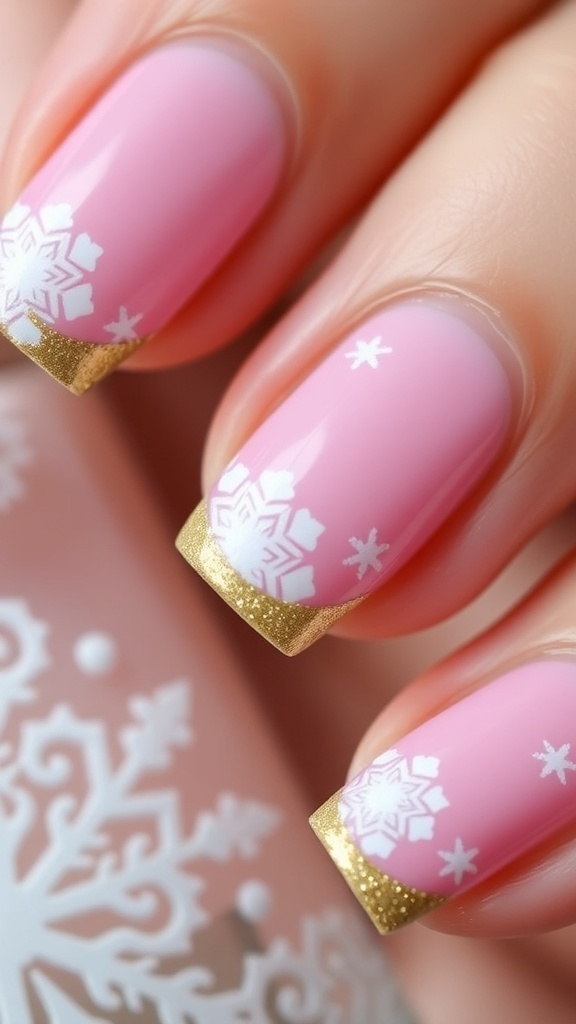 Elegant pink Christmas nails with snowflakes and glitter tips.